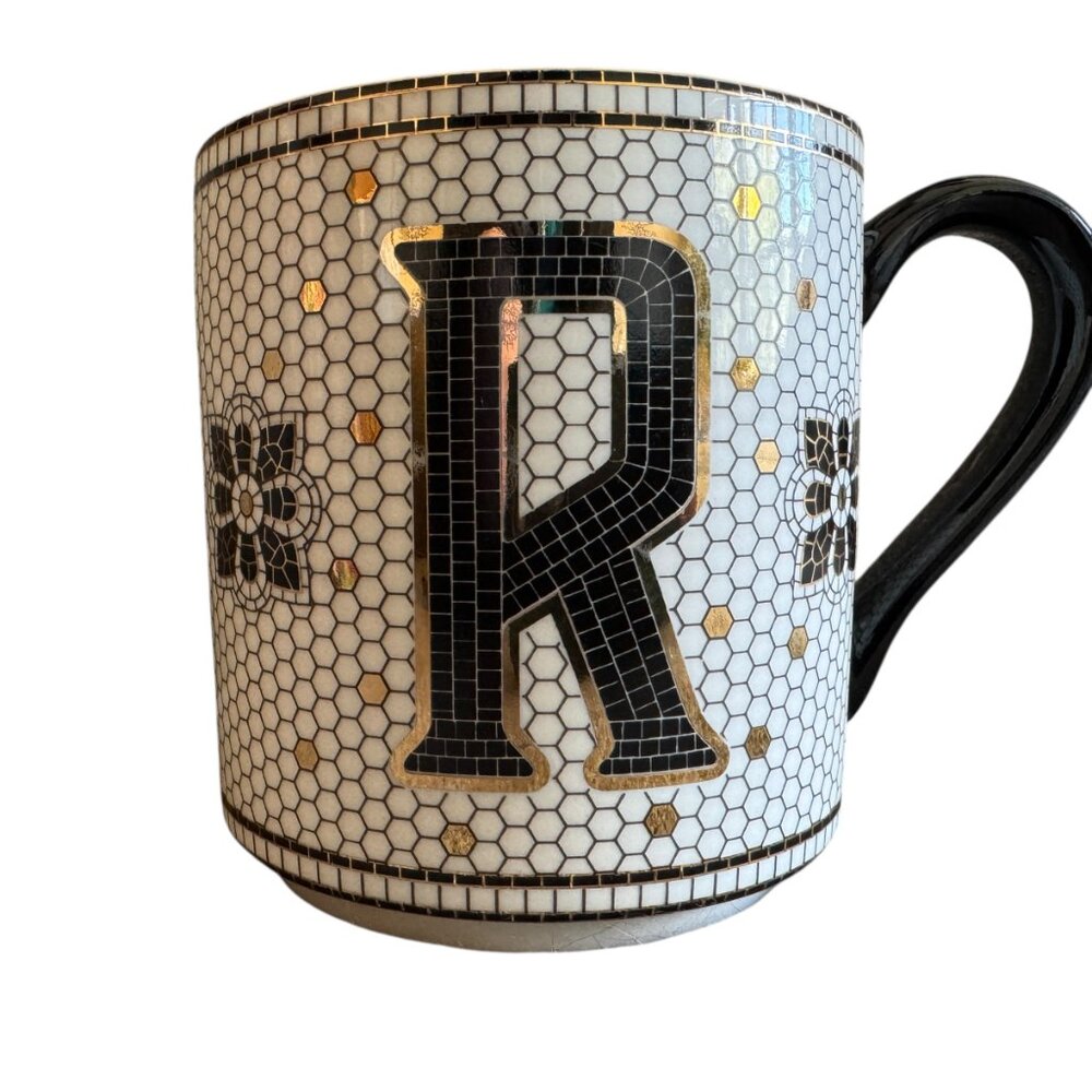 Anthropologie Bistro Tile Stoneware Mug Monogram R Honeycomb Mosaic Initial